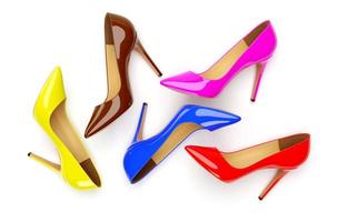 Bright colored women's shoes on a white background. 3D rendering illustration. photo