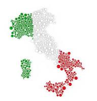 composición abstracta raster multicolor del mapa de italia construido con elementos de esferas. mapa y bandera de italia. ilustración de renderizado 3d. foto