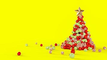 Christmas tree made of colorful balls on a yellow background. New Year concept. 3D rendering illustration. photo