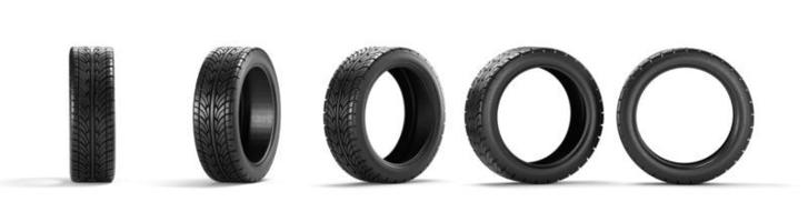 Five car tires on a white background. 3D rendering illustration. photo