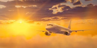 White passenger airplane is flying in the sky with multicolored clouds at sunset. 3D rendering illustration. photo