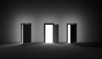una puerta abierta de tres con luz brillante que entra en una habitación muy oscura. ilustración de renderizado 3d foto