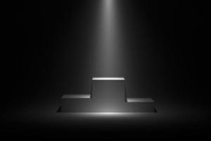 Winners pedestal. White 3d geometric illuminant studio pillar podium pedestals isolated illustration with spotlight. 3D rendering illustration. photo