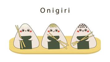 Onigiri characters with chopsticks in hands vector illustration