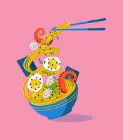 Bowl of ramen noodles with flying ingredients vector illustration