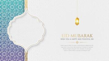 Eid Mubarak Arabic Islamic social media banner design with a colorful arabesque pattern and photo frame vector