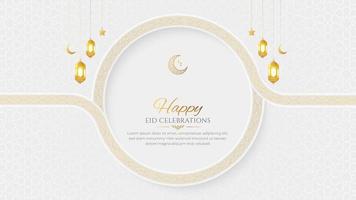 Eid Mubarak Islamic ornamental background with Arabic style border frame and lanterns vector