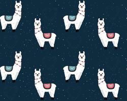 Seamless pattern with cute llamas on starry space background. Background for wrapping paper,  greeting cards and seasonal designs. Happy Valentine's day. vector