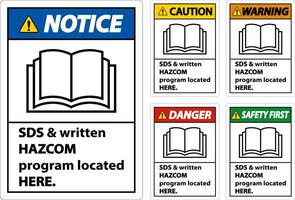 SDS and HazCom Located Here Sign On White Background vector