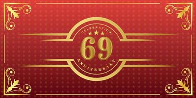 69th anniversary logo with golden ring, confetti and gold border isolated on elegant red background, sparkle, vector design for greeting card and invitation card