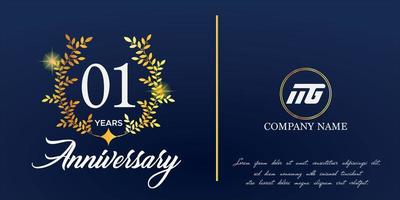 01st anniversary logo with elegant ornament monogram and logo name template on elegant blue background, sparkle, vector design for greeting card.