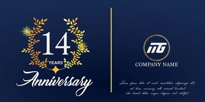 14th anniversary logo with elegant ornament monogram and logo name template on elegant blue background, sparkle, vector design for greeting card.