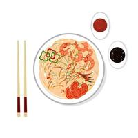 Chinese national cuisine. Vector illustration of noodles with greens and shrimps. A plate of noodles with shrimps and greens on the table, next to soy sauce and sauce with peppers and sticks.