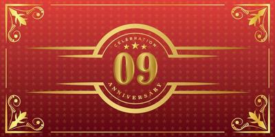 09th anniversary logo with golden ring, confetti and gold border isolated on elegant red background, sparkle, vector design for greeting card and invitation card