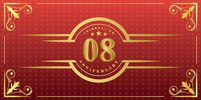 08th anniversary logo with golden ring, confetti and gold border isolated on elegant red background, sparkle, vector design for greeting card and invitation card