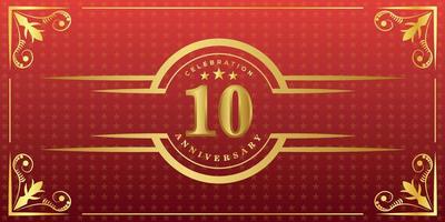 10th anniversary logo with golden ring, confetti and gold border isolated on elegant red background, sparkle, vector design for greeting card and invitation card