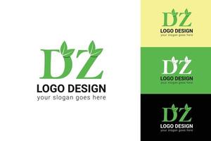 DZ letters eco logo with leaf. Vector typeface for nature posters, eco friendly emblem, vegan identity, herbal and botanical cards etc. Ecology DZ letters logo with leaf.