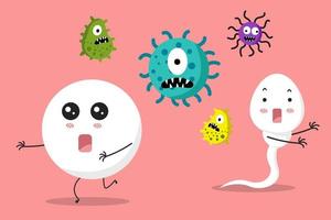 el esperma y el óvulo huyen del personaje de dibujos animados de virus y bacterias. aviod virus y bacterias para ser un concepto saludable de espermatozoides y óvulos. ilustración vectorial vector