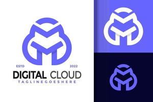 Letter M Digital Cloud Creative Logo Design Vector Illustration Template