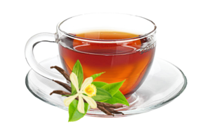 taza de té con hojas de té frescas en platillo fondo transparente png