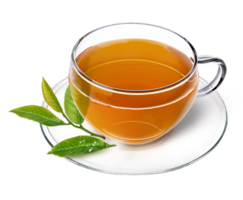 taza de té con hojas de té frescas en platillo fondo transparente png