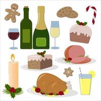 a set of painted elements of food and drinks for the Christmas table turkey, alcohol, sweets vector