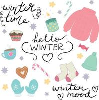 Winter mood attributes. Warm and cozy clothes and coffee kit. Hand drawn elements in cute style. Pack for greeting cards, stickers and print. Vector art