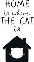 Home is where the cat is lettering with house outline and cat's head in it. Funny quote. Simple black vector art. With love to your pet