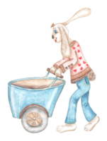 el conejo broun acuarela lleva una chaqueta rosa suave con corazones y jeans azules, camina y empuja una carretilla azul