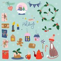 Christmas set. Cute cat in Santa hat, toys, wreath, sweets and gifts. Beautiful Winter palette. Vector illustrations in childish hand-drawn Scandinavian style.