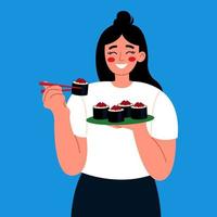 mujer joven comiendo sushi con palillos aislado sobre fondo azul. vector