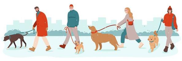 Young people walking with their dogs. Pet owners strolling with their dogs on leash. Walk Your Dog Month concept. vector