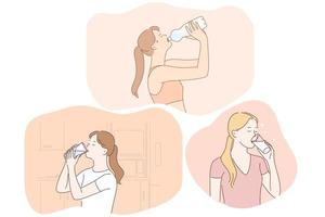 Drinking pure water, liquid, health concept. Young women cartoon characters drinking clear still water from bottle or glass at home or during workout. Detox, diet, refreshment vector illustration