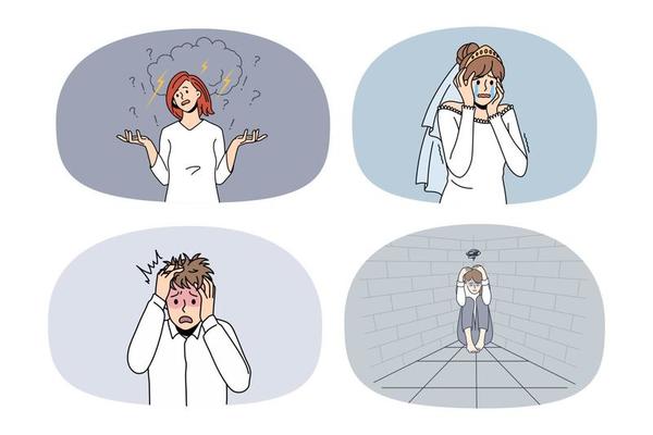 Set of upset crying people feel distressed struggle with mental or psychological problems. Collection of frustrated upset men and women stressed with depression or panic attack. Vector.