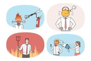 Set of stressed businessman with burning head suffer from nervous breakdown at work. Collection of upset distressed man employee overwhelmed with job stress. Flat vector illustration.