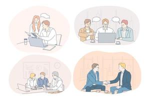 Teamwork, brainstorming, business, negotiations, deal, office, collaboration concept. Business people partners coworkers discussing projects and startups together in office, having brainstorming vector