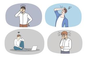 Collection of frustrated men feel distressed with mistake or error. Set of unhappy worried guy suffer from problems have frustration or confusion. Work stress and anxiety. Vector illustration.