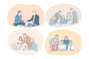 Teamwork business negotiations deal, office, agreement, cooperation concept. Business people partners coworkers discussing projects during brainstorming, arguing, making presentation together vector