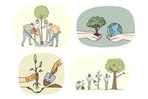 Set of diverse people plant seedling care about nature conservation. Collection of volunteers growing trees think of planet earth saving and protection. Environment safety. Vector illustration.