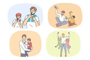 colección de papá joven sonriente divertirse pasar tiempo con niños pequeños. conjunto de papá amoroso feliz relajarse jugar con niño pequeño. concepto de paternidad. crianza y cuidado de los hijos. ilustración vectorial vector