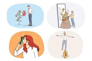 Set of businesspeople collect income or profit from successful dividend. Collection of employees with coins and banknotes earning money from investment. Finance concept. Vector illustration.