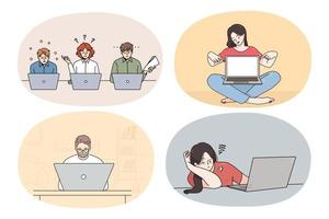 Set of diverse people work online on laptops on lockdown. Collection of men and women freelancers study or browse internet on computers. Technology and remote job. Vector illustration.