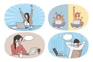 Collection of diverse people use computers wok and study online on gadgets. Set of men and women use laptops with wireless network communicate on wen on lockdown. Vector illustration.