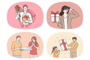 Collection of happy people excited with wrapped gifts on special occasion. Set of smiling men and women greet congratulate with presents on birthday. Vector illustration.