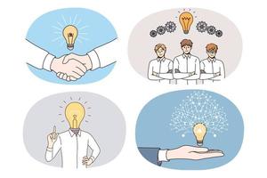 Set of businessmen with lightbulb brainstorm generate creative business ideas. Collection of employees think consider creative innovative projects. Innovation and solution. Vector illustration.