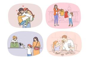 Collection of happy loving young parents have fun spend weekend time with small children. Set of smiling mom and dad enjoy days with little kids. Family unity and parenthood. Vector illustration.