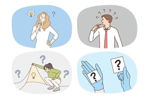 un conjunto de personas diversas con signos de interrogación piensan en considerar la solución del problema. una colección de hombres y mujeres confundidos hacen una lluvia de ideas que se sienten frustrados para resolver problemas que tienen un dilema. ilustración vectorial vector