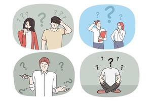 Set of pensive diverse people with question marks think over problem solution. Collection of men and women brainstorm feel confused frustrated with trouble solving. Flat vector illustration.