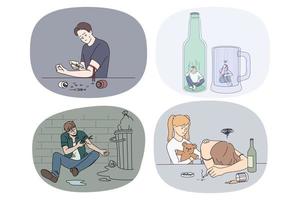 Collection of diverse people suffer from alcohol and drug addictions. Set of men and women suffer with addictive behaviors. Bad habit and healthcare. Flat vector illustration.
