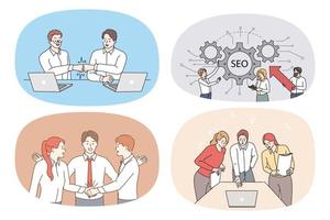 Set of businesspeople cooperate discuss projects at team meeting in office. Collection of diverse employees or workers collaborate handshake close deal at briefing. Flat vector illustration.